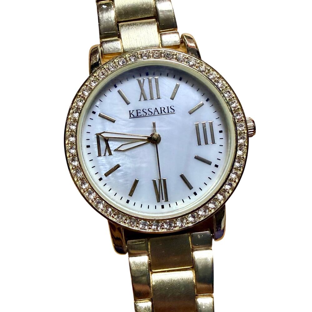 Kessaris Gold Tone Watch + Pink Gemstone Bracelet Set New Battery | Gift Bundle